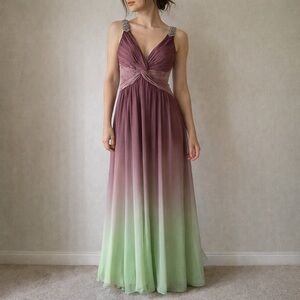 Riva Designs Mauve Ombre Chiffon Beaded Strap Formal Gown Size 4 Fairycore Prom